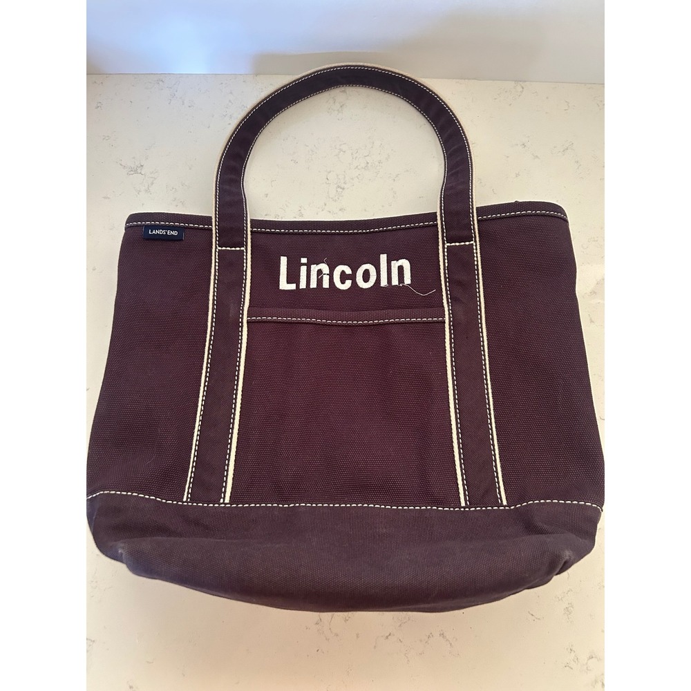 Lands End‎ Canvas Tote Bag Navy Blue Lincoln Embroidery Large Zip Pocket